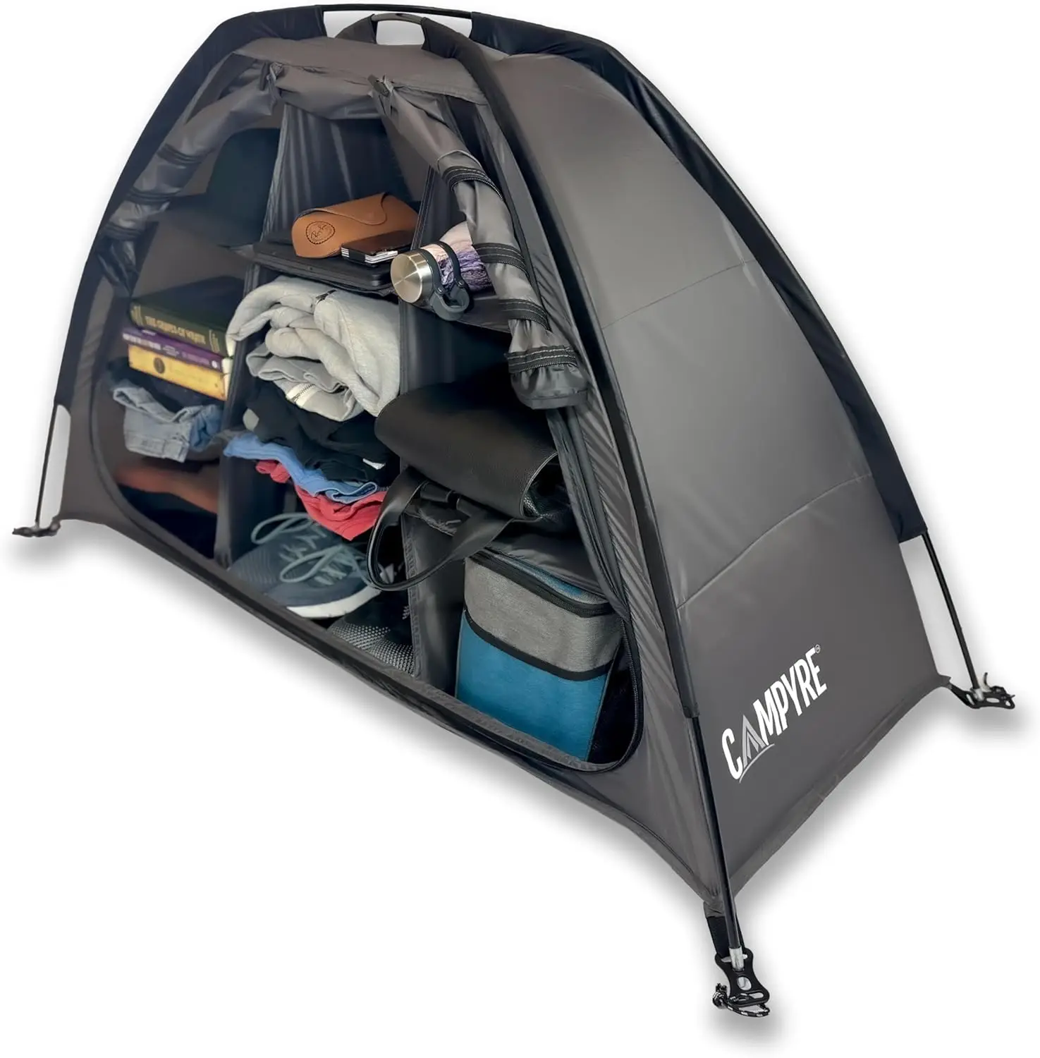 

9-Shelf Camping Organizer for Tent & RV, Zippered Flap, Holds 30lbs, Patented
