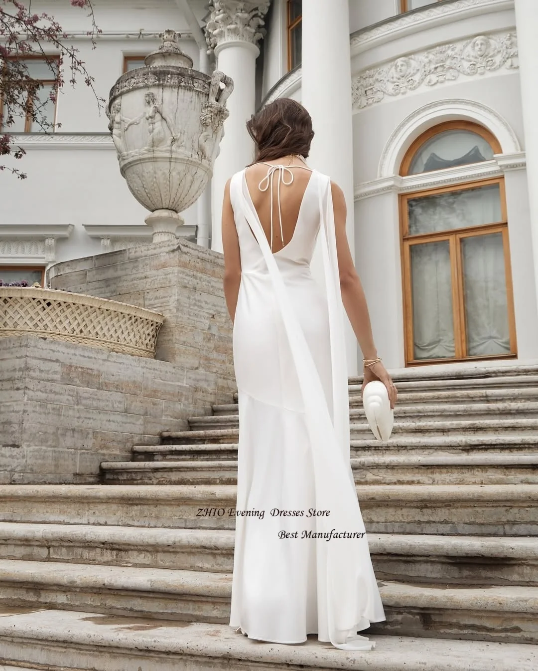 ZHIO Elegant Satin A Line High Collar Backless Evening Gown Dress with Shawl Sleeveless Floor Length Form Prom Gowns Customized