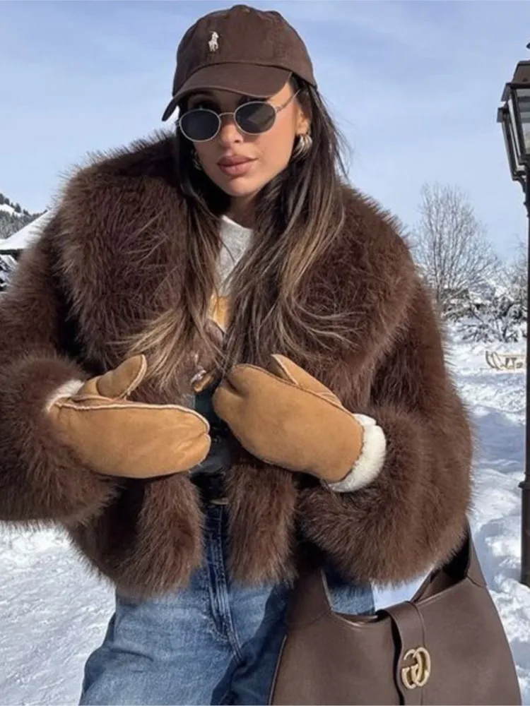 

Стильное женское зимнее пальто из искусственного меха, однотонное, толстое, теплое, пушистое, короткая женская куртка из искусственного меха, темпераментное женское пальто из искусственного меха