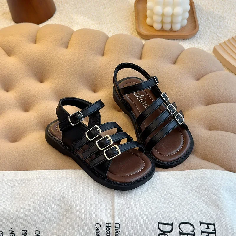 2025 Children Sandals for Girls Summer New Fashion Korean Style Soft Bottom Anti-slippery Versatile Cut-outs Roman Beach Shoes