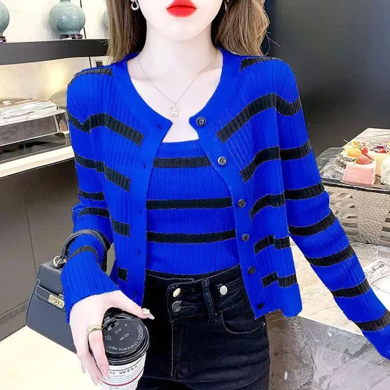 Spring Autumn Sweater Women\'s Fashion Korean Gentle Stripe Knitted Top Cardigan Coat With Suspender Two-Piece Set Femme Knitwear