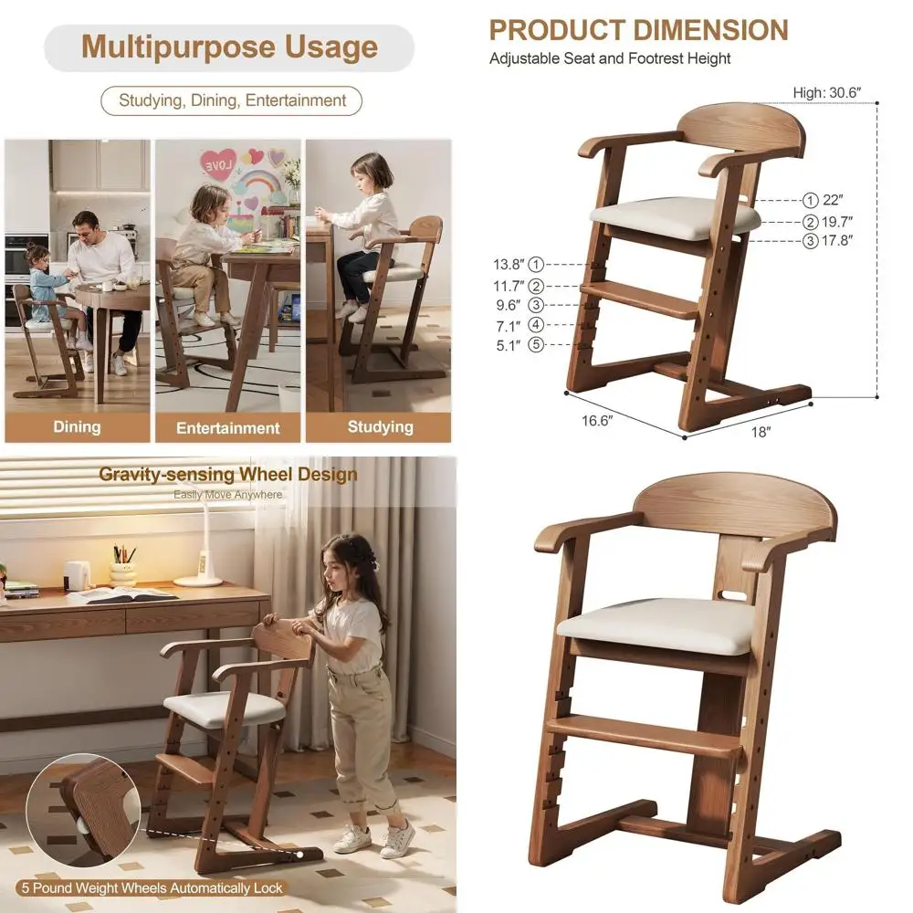 

Adjustable Height Solid Wood Toddler Chair - Easy Clean, 3 Years to 200 lbs, Walnut