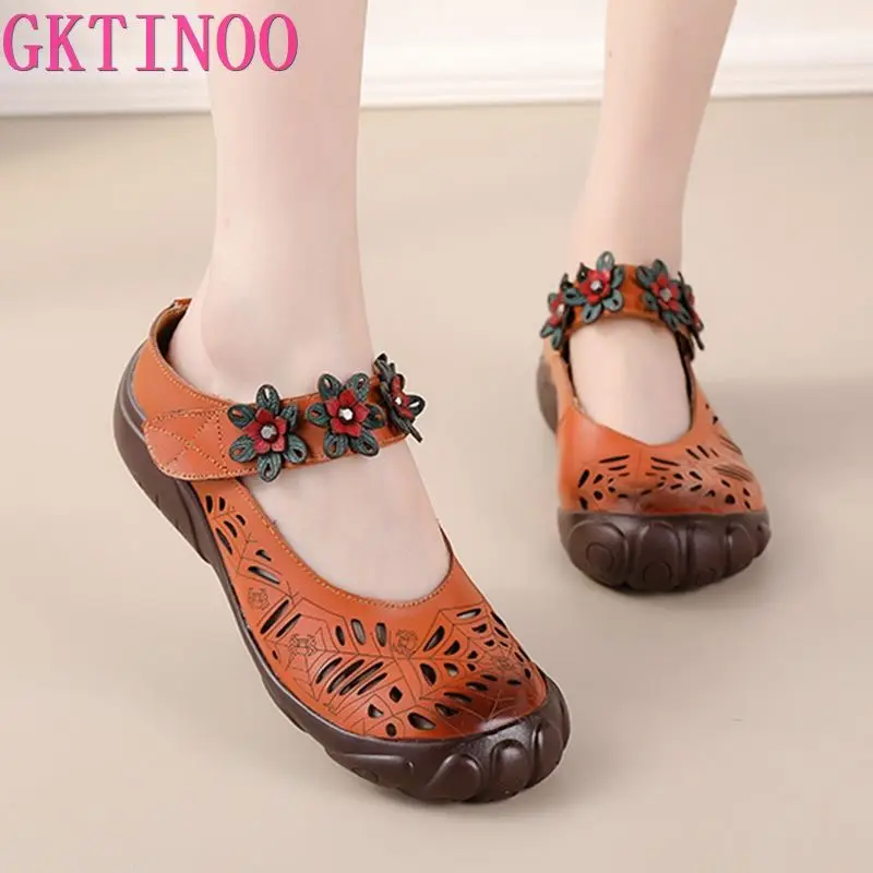 GKTINOO Summer Slippers Women Genuine Leather Mules Round Toe Flowers Outdoor Casual Slides Ladies Flat Shoes Handmade