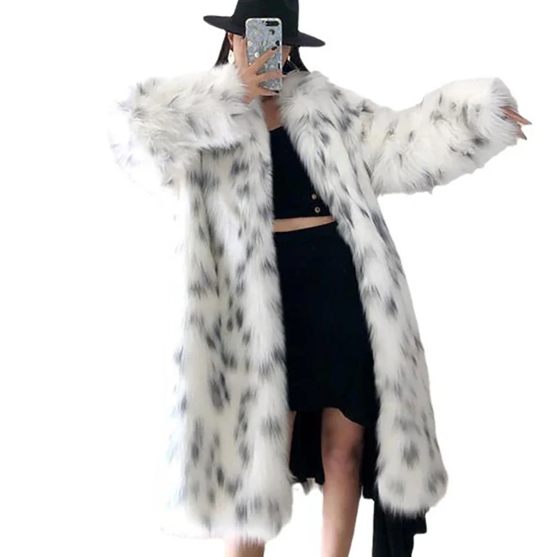 Thick Fashion Spot Leopard Women Winter Faux Fox Fur Coat Jacket Long Warm Luxury Fur White Parkas Furry Shaggy Outerwear Coat
