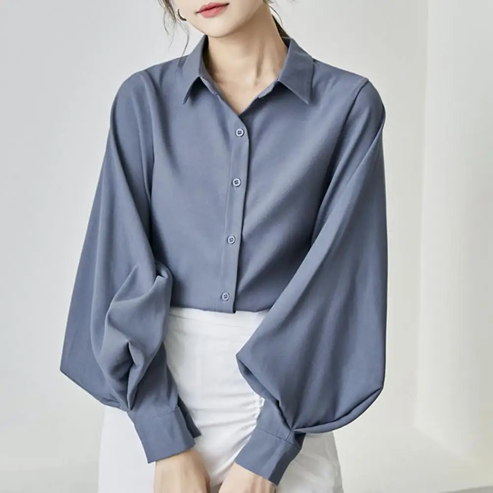 Women Long Sleeve Shirt Lantern Sleeve Lapel Collar Women's Shirt Solid Color Loose Fit Work Casual Top for Daily Wear Lapel