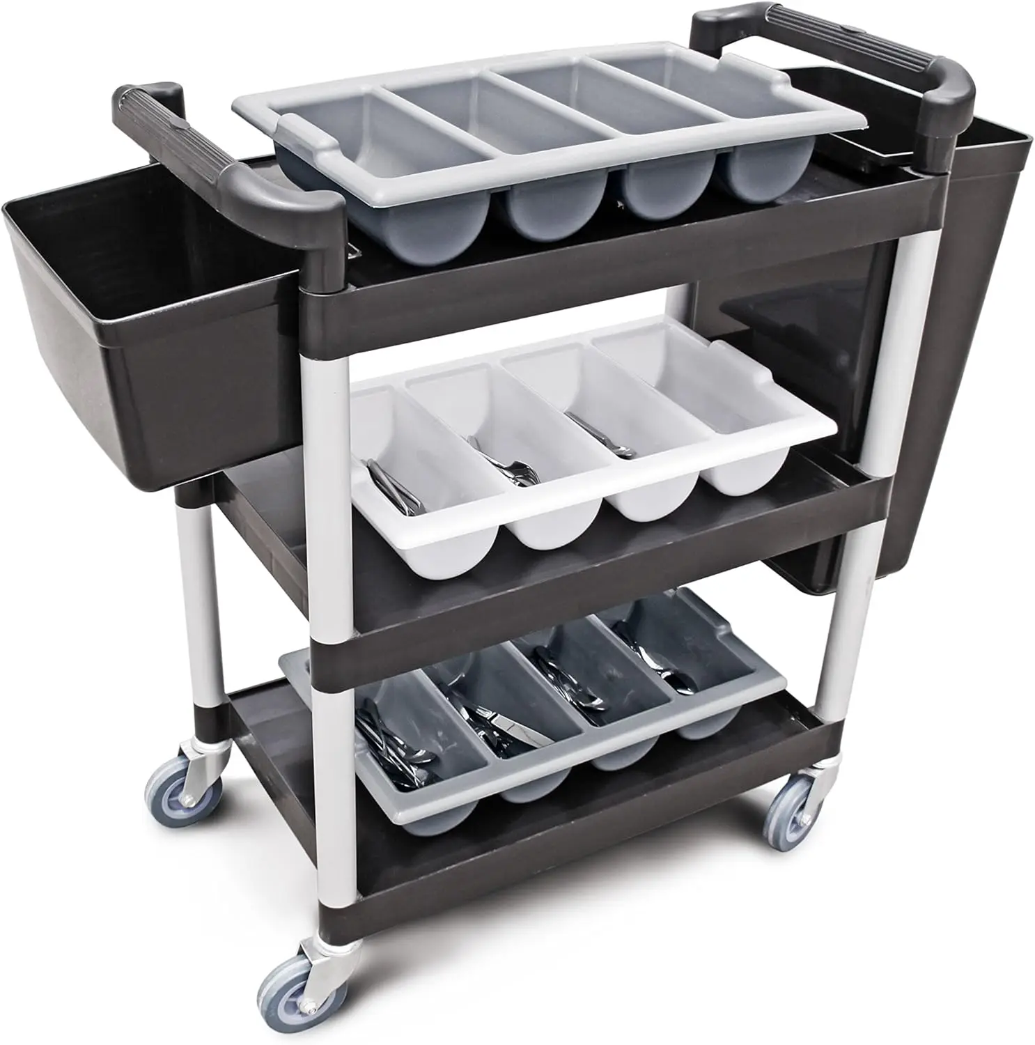 Pound Plastic 3-Tier Utility Bus Cart with Locking Casters, 32" x 16" x 38", Black