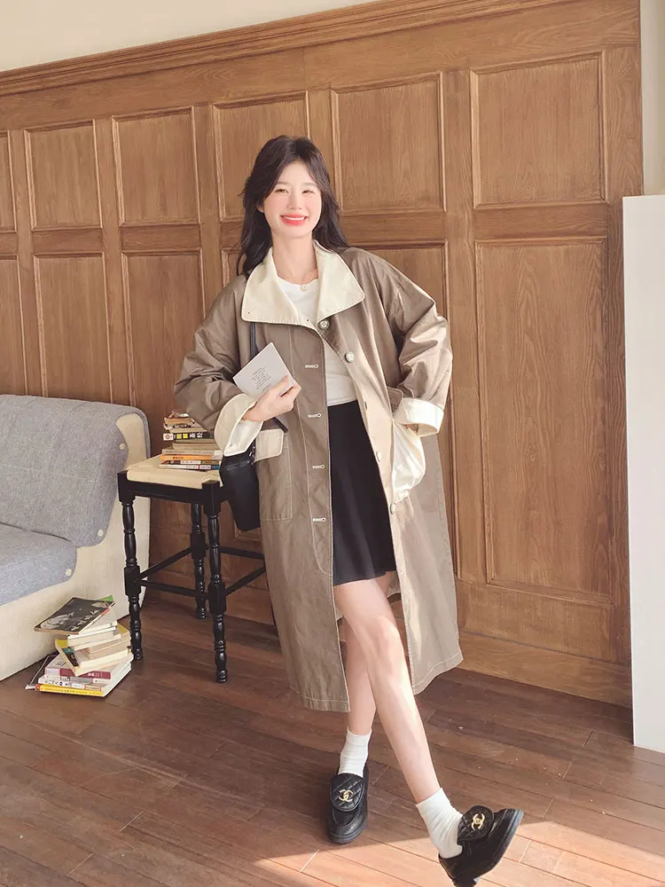 SuperAen Retro Long Trench Coat Contrasting Colors 2026 Spring and Autumn New Women's Korean-style Fashion Overcoat