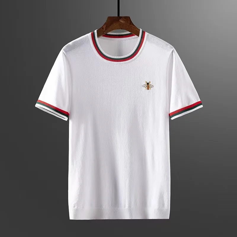 

European And American Sle Men's Long Sve Embroidered Bee T-irt Youth Faion Slim Fit High Collar Summer 205