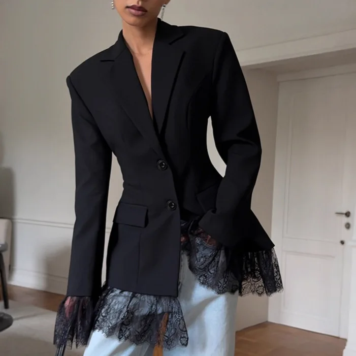 

Black Small Suit Jacket Temperament Autumn & Winter New Design Sense Lace Splicing Commuting Women's Long Sleeve Blazers Top