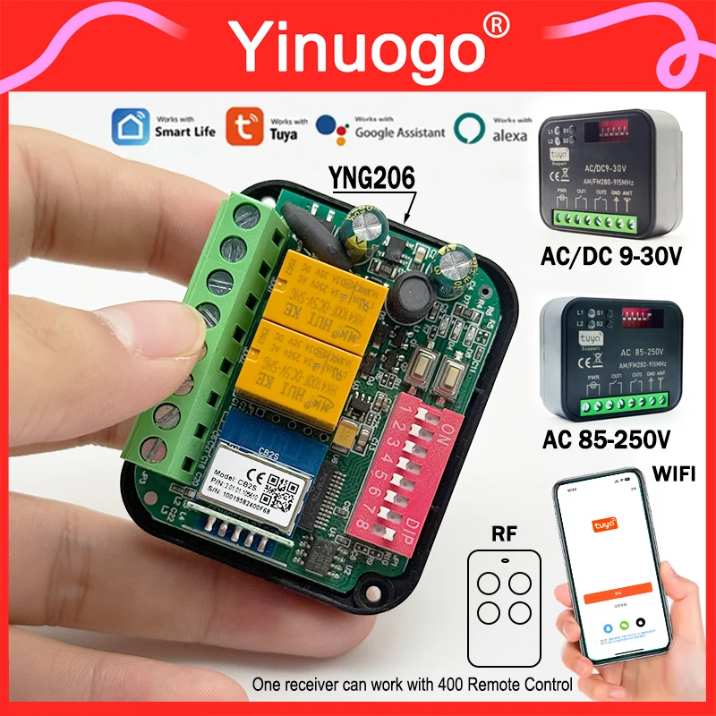 YNG206 Tuya WiFi Receiver Motor Controller 2CH 9-30V 85-250V 300-868MHz for Electric Gate Remote Control Garage Door Opener