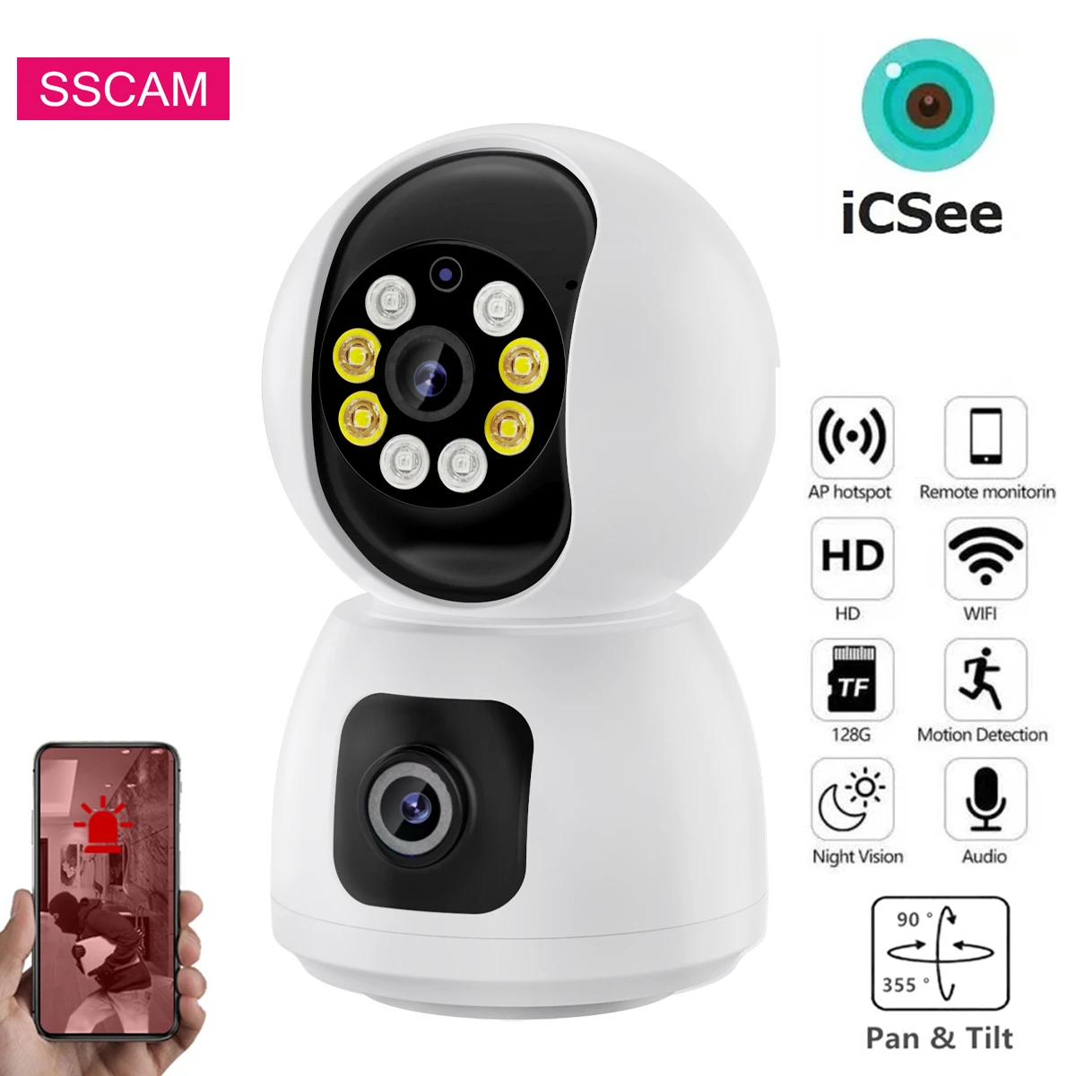 Icsee-デュアルレンズワイヤレスcctvカメラ,スマートホーム,カラー,ナイトビジョン,セキュリティ保護,wifi,4mp