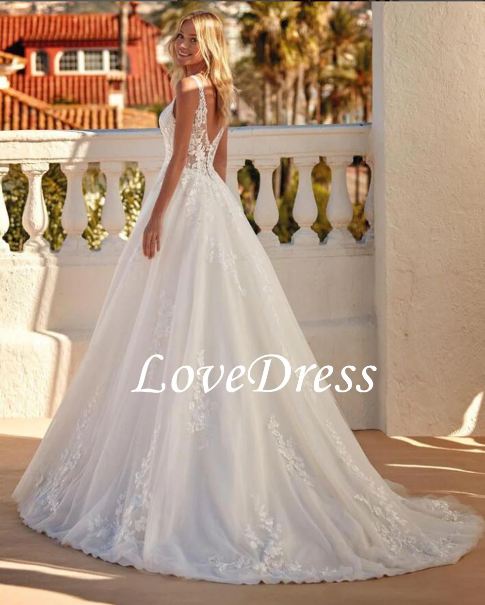 Элегантное свадебное платье LoveDress с V-образным вырезом для женщин с длинным рукавом трапециевидной формы с открытой спиной Кружевная аппликация простой дизайн на заказ дешево