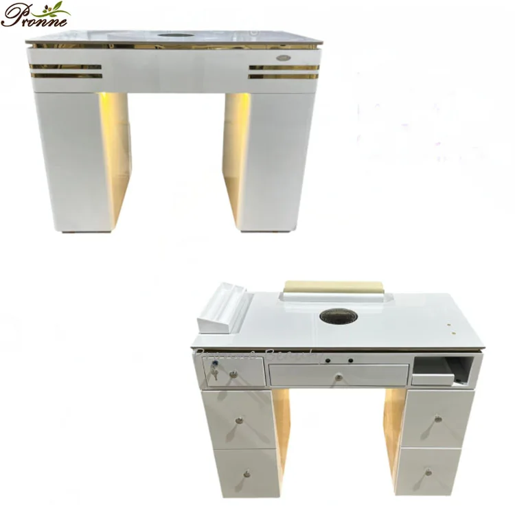 Premium Quality Manicure Table with Vacuum, Foldable White & Gold Rolling Nail Station, 110x40x70cm Tempered Glass Nail Desk 5