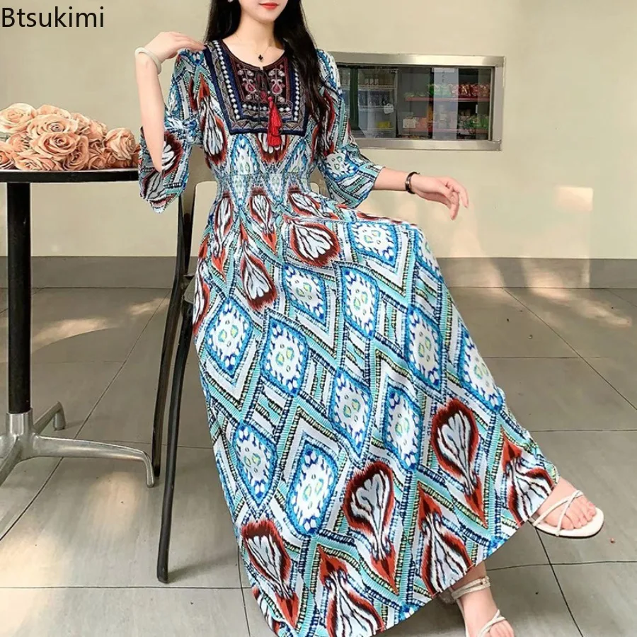 Sommerliches Ethno-Kleid für Damen, lockeres Boho-Kleid mit Quasten, Maxikleid, lässiges Vintage-Kleid mit hoher Taille, Urlaubskleid, Strandkleid, Damenkleid, Vestidos