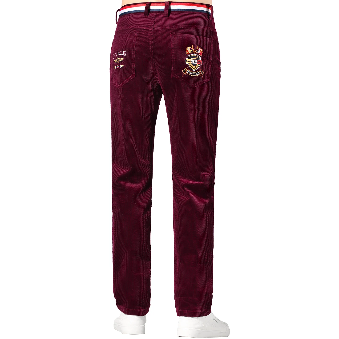 2025年冬用コーデュロイパンツ メンズ、カジュアルストレッチ厚手コットンメンズパンツ、レッドミッドウエストストレート韓国風パンツプラスサイズ