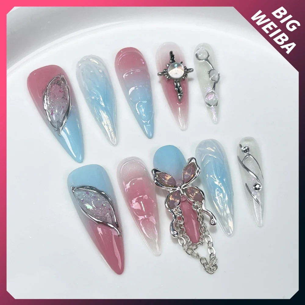 10Pcs Handmade Acrylic Fully Covered Nail Tips Metallic Gel Color Gradient Bow Love Press On Nail Art Reuse Almond Fake Nails