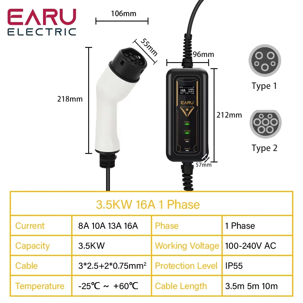 Adjustable 16A EV Charger Screen EU US UK Plug Portable Type2 IEC62196-2 EVSE Charging Cable Type1 SAE J1772 Controller Wallbox
