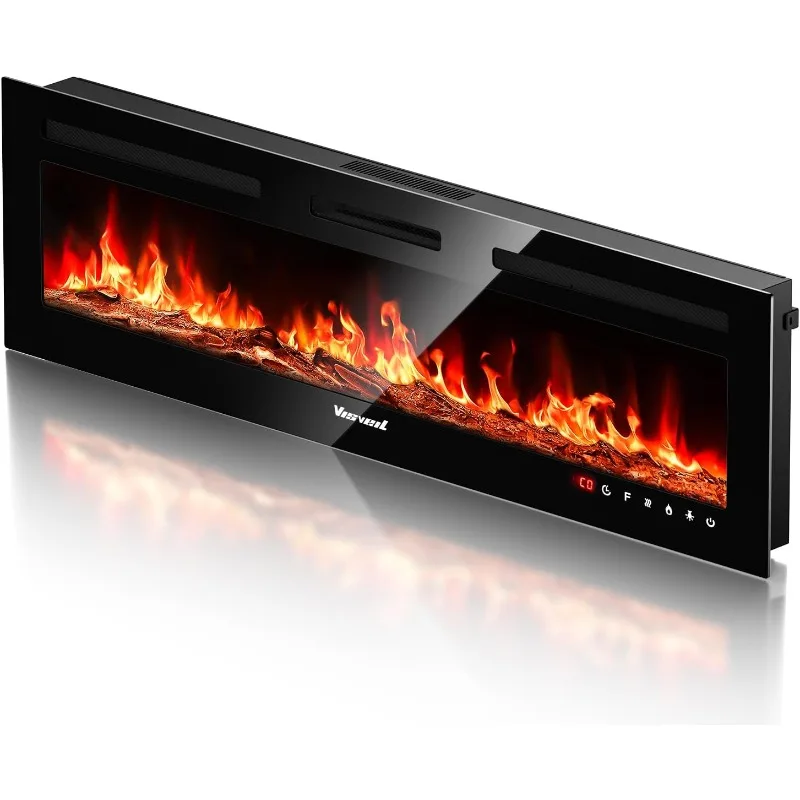 Electric Fireplace 60Inch,Realistic Flame Electric Fireplace Heater,Log Set/Crystal Flames 750-1500W with Timer Inserts/Wall