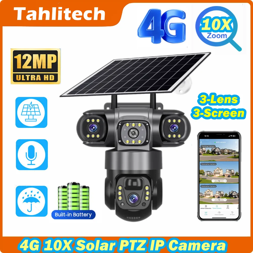 V380 Pro Outdoor 4G Solar Power Camera 12MP 6K Triple View PIR Motion Detection CCTV Video Surveillance Monitor Built in Battery