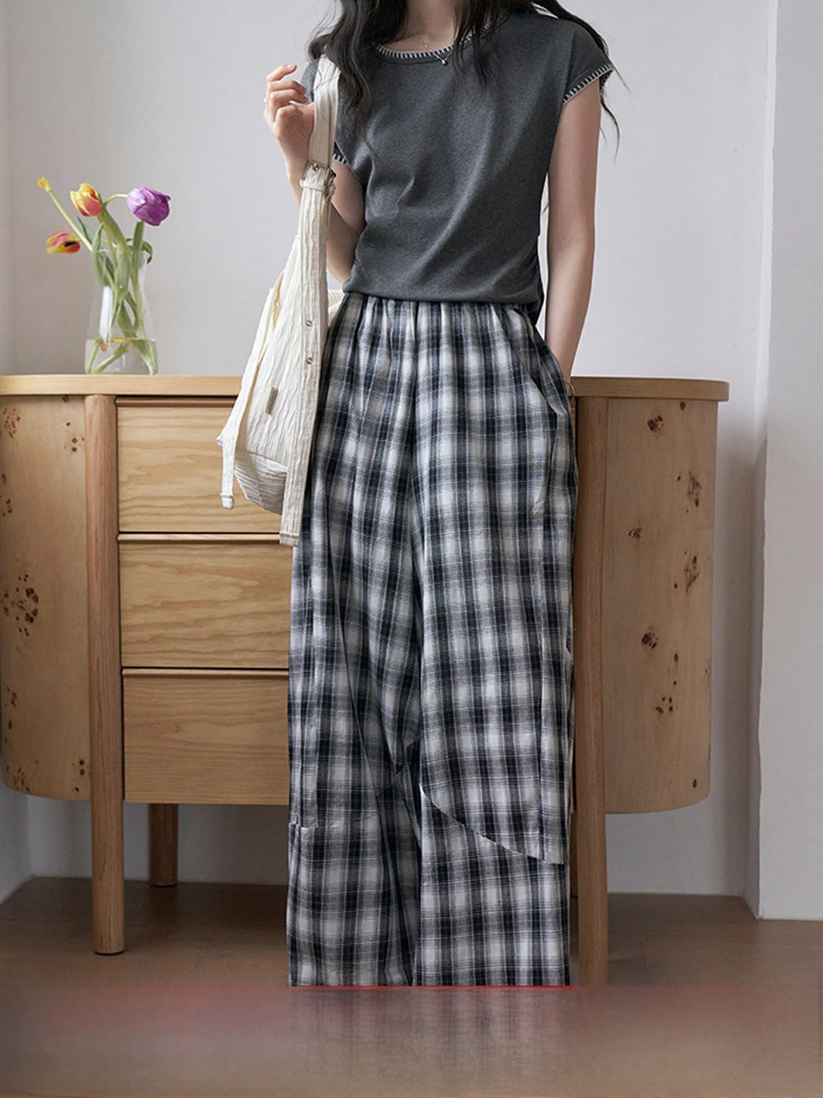 

High Waist Loose Women's Casual Pants Plaid Color Block Summer New Arrival Straight Leg Long Trousers Comfortable Cotton