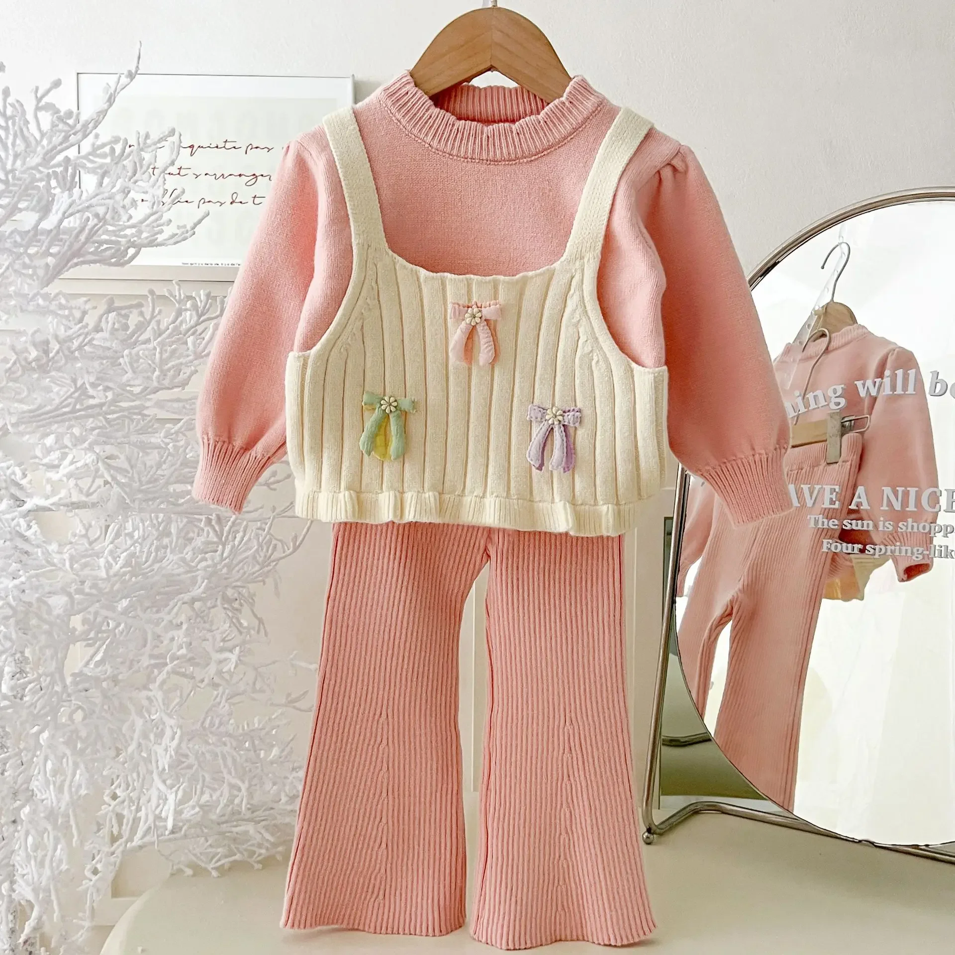 Girl Suit 2026 Spring And Autumn New Childrens Clothing Girl Baby Sweet Butterfly False Two Knitted Sweater Pants Two Sets