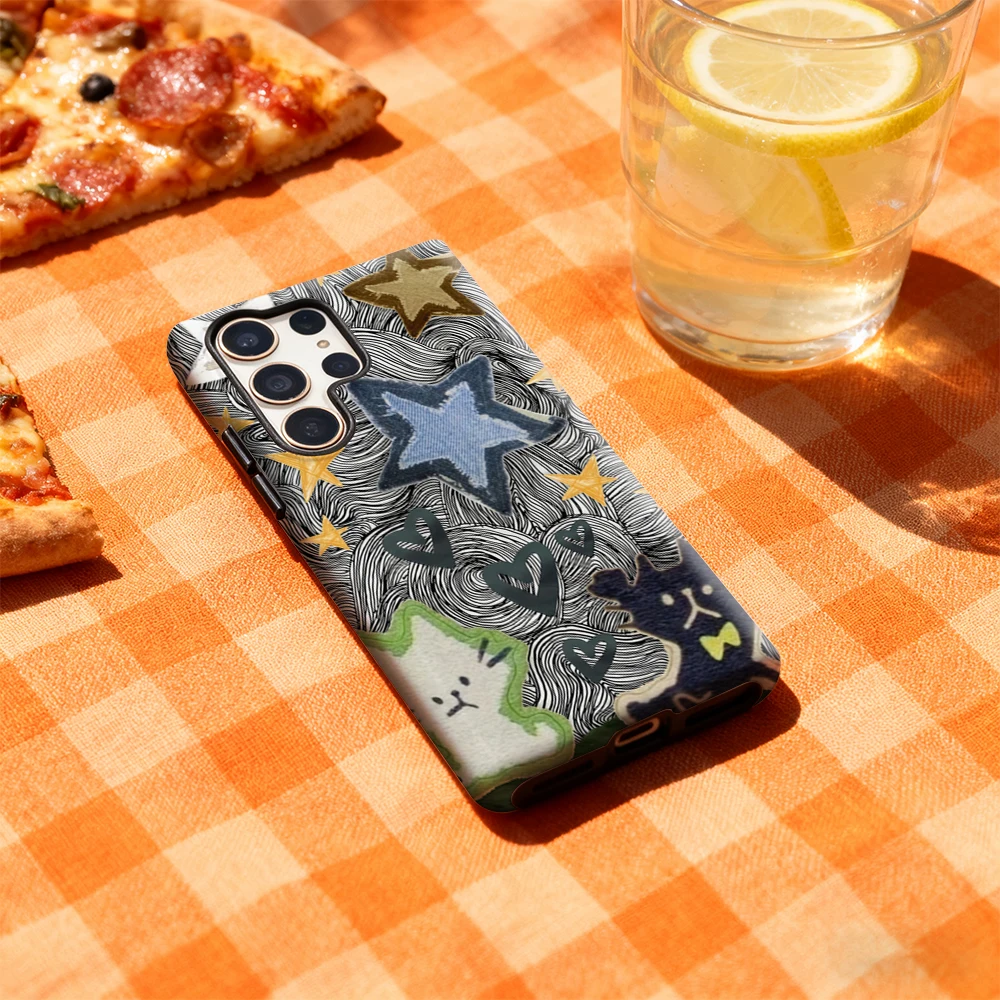 Vintage Whirl Cat Star Patchwork Phone Case for Samsung Galaxy S25 Ultra S24 S23 Ultra Plus Glossy Double-layer Back Cover