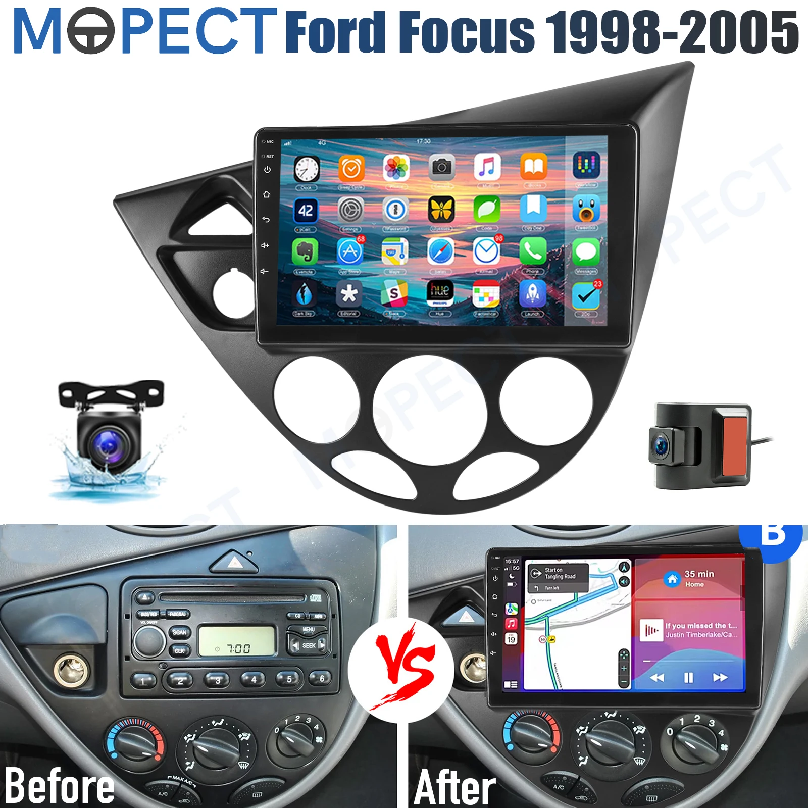 Autoradio MOPECT 9 pouces pour Ford Focus MK1 1998-2005, WiFi, CarPlay, 4G+64G, GPS, écran tactile, Bluetooth, unité centrale + DVR et caméra