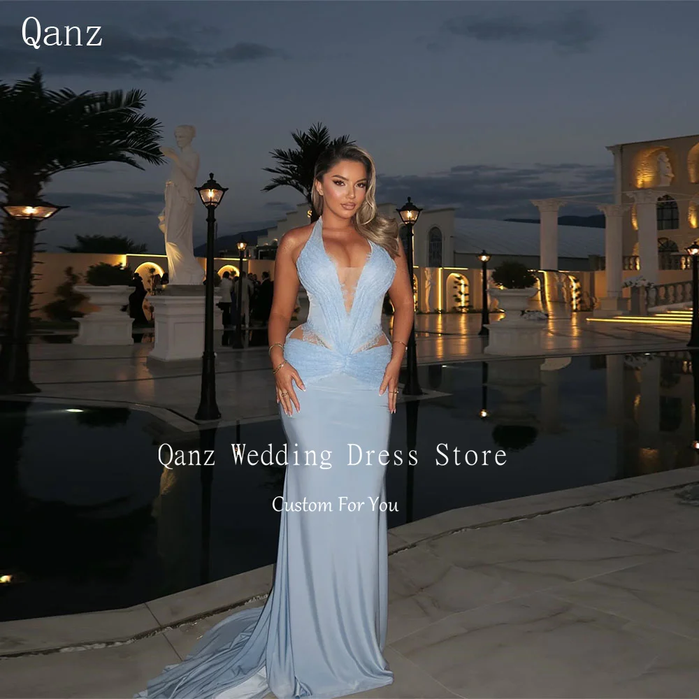 

Qanz Formal Blue Prom Dress Mermaid Halter Lace Appliques Evening Dresses Sweetheart Backless Vestidos Para Mujer Customized