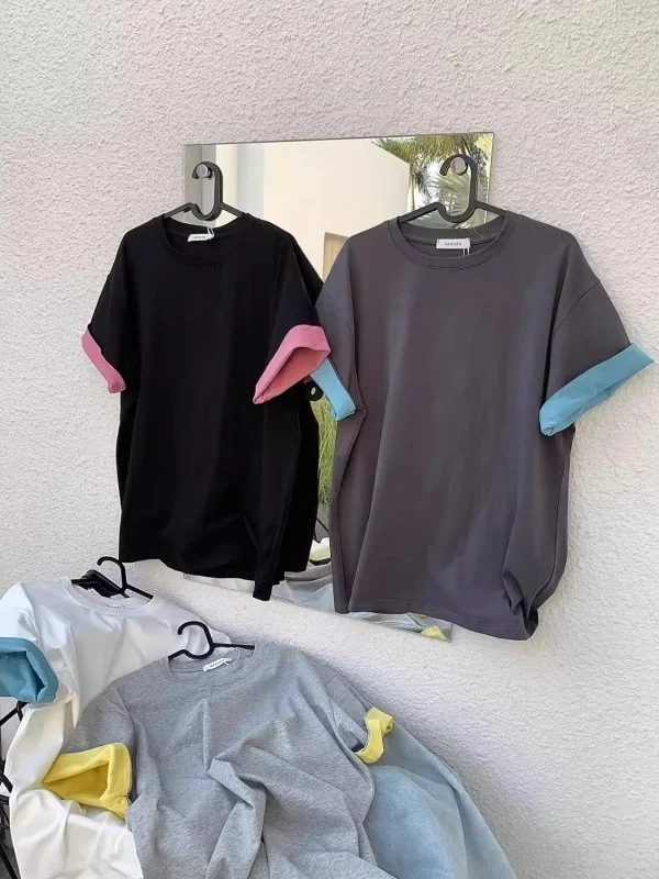 

Американская ретро-футболка с цветными блоками и коротким рукавом, женская, свободного кроя, универсальная, весна-лето, новая модная модель