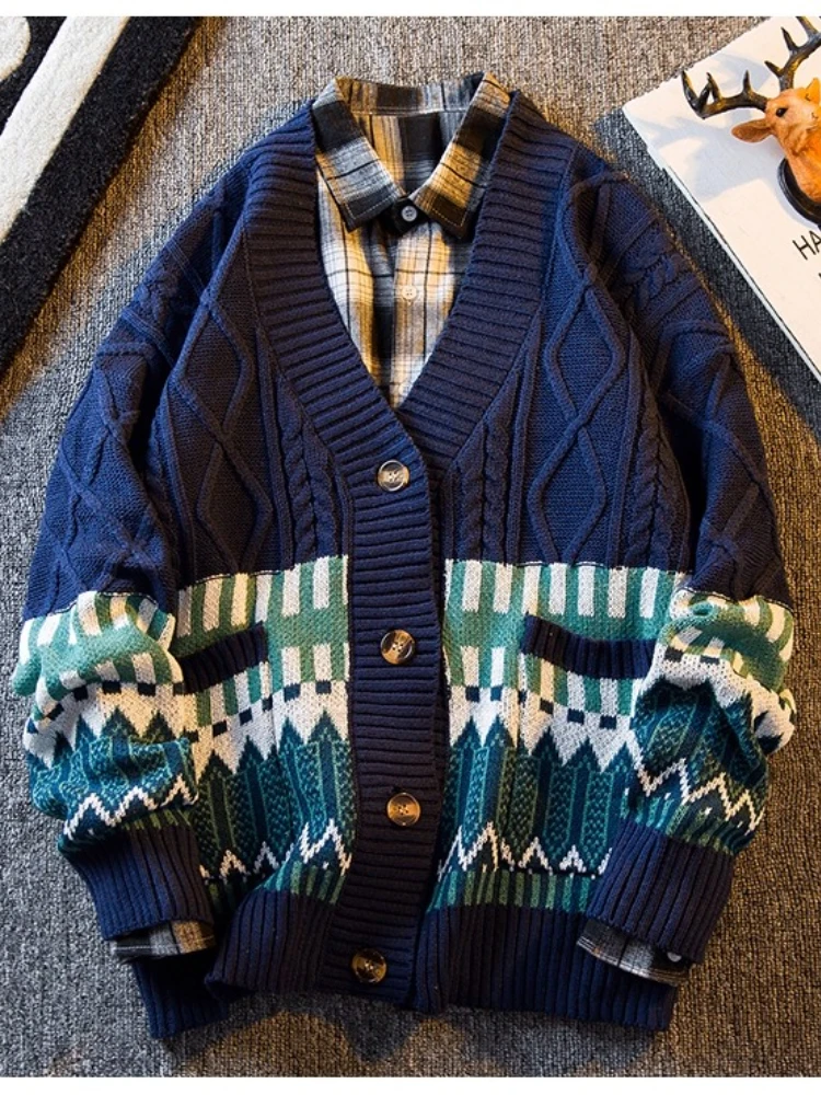 Men's Japanese Vintage Argyle Paneled Sweater Knit Cardigan Ethnic style Oversized V-Neck Edgy Streetwear Loose Knitted Coat view 6