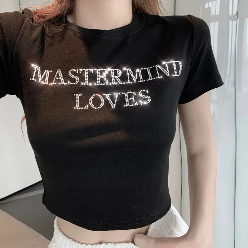 Hotfix Rhinestone Kpop Cop Tops Women Sexy Korean Fashion T-shirt Streetwear Harajuku Gothic Tees Y2K Cheap Clothes Woman Tshirt
