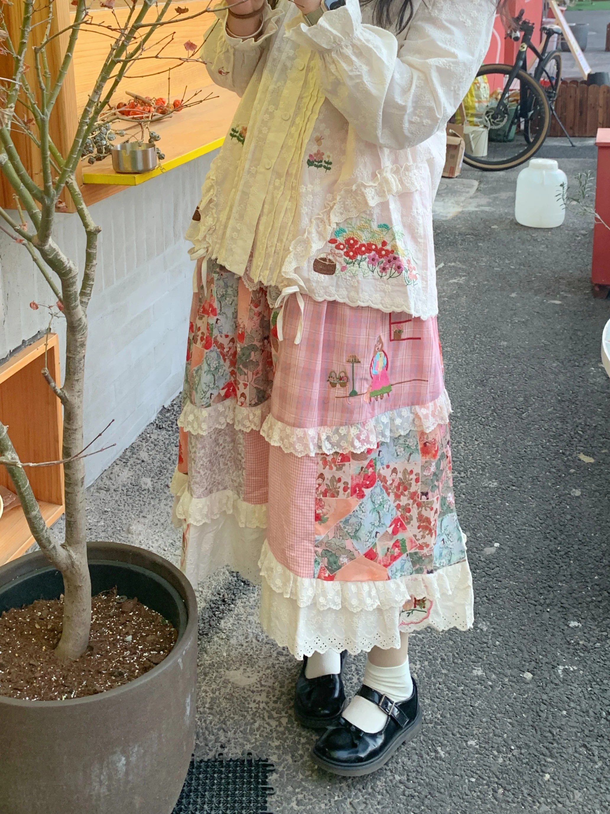 

Сладкая розовая лоскутная кружевная юбка, универсальная весенняя юбка-миди трапециевидной формы с художественной вышивкой для молодых девушек