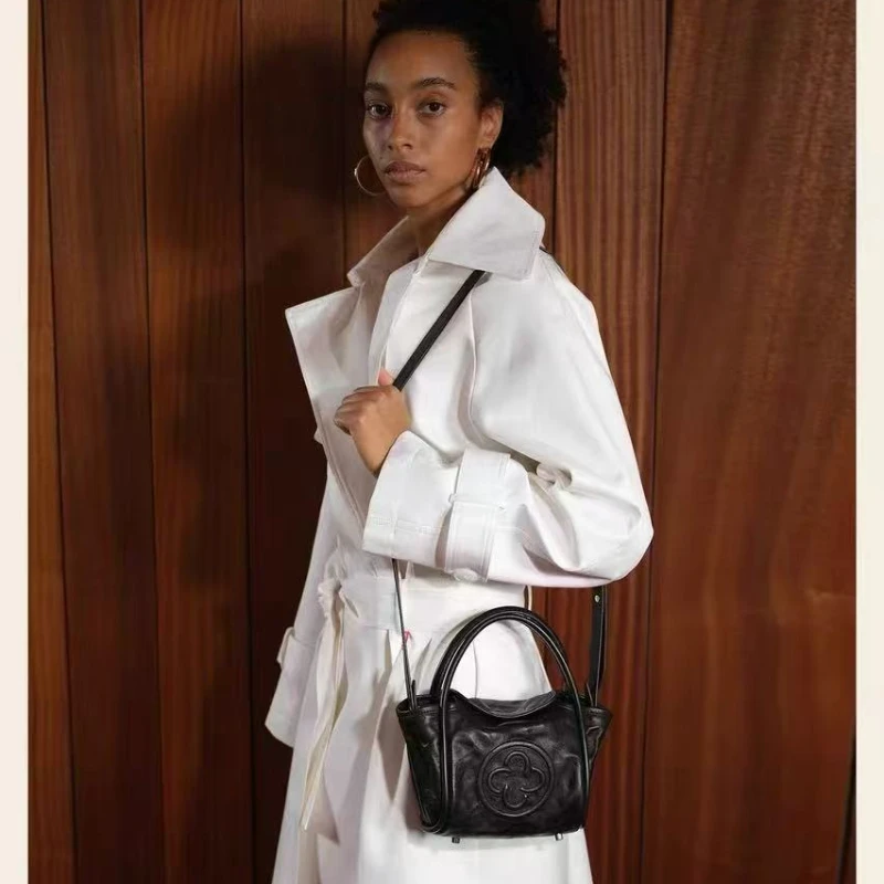 Cassile 2025 New Angel Bag Vegetable-Tanned Leather Wrinkled Single Shoulder Crossbody Bag Pink Handbag Basket