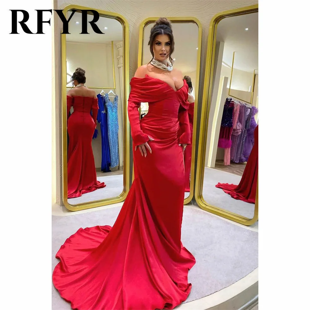 

RFYR Red Sexy Prom Dress Off the Shoulder Full Sleeves Party Dress Pleat V Neck Formal Occasion Dress Stain Mermaid robe soirée