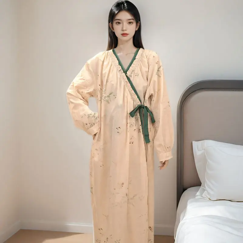 

Ночная рубашка с длинными рукавами, пижамы для женщин, весна-осень, с принтом в китайском стиле, халат больших размеров, длинное кимоно, подарки, большой атлас