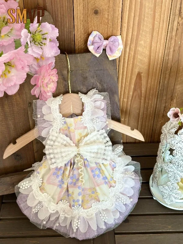 Pet Fairy Sling Dress Floral Plaid Pattern Lace Trim Big Bow Pearl Accent Layered Tulle Dress Light Sweet Daily Party Clothing