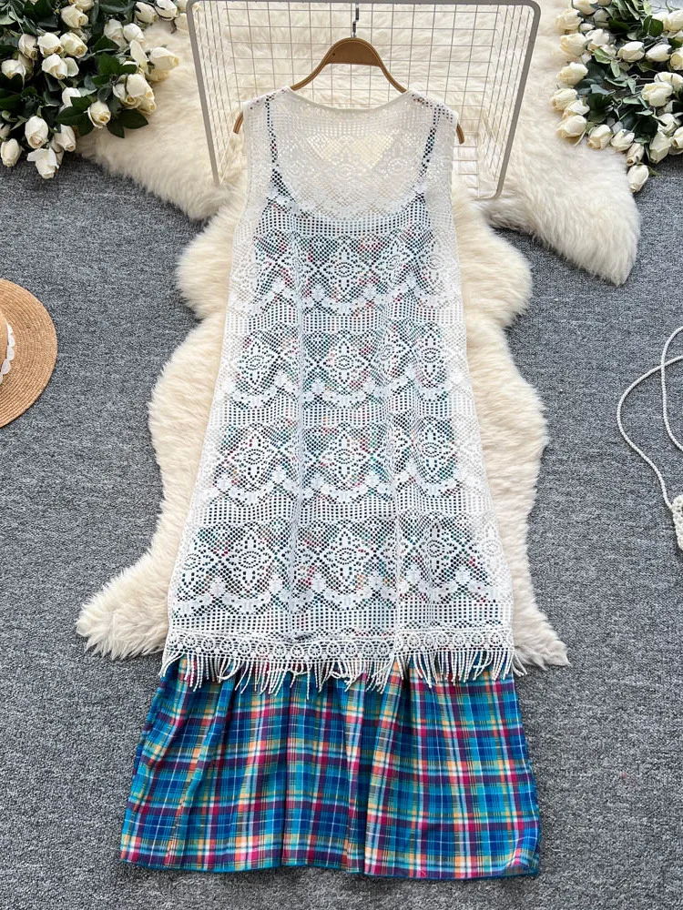 

Retro n Long Svel Knitted Sweater Loose Plaid Dr Women Summer Faion Set round Ne ort Sve Long Pants