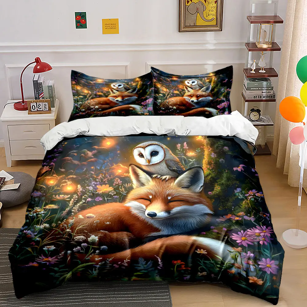 Dreamy forest cozy scene with fox and owl Printed Duvet Cover Set 1 Duvet Cover+2 Pillowcase Multi Size Bedroom Bedding Decor