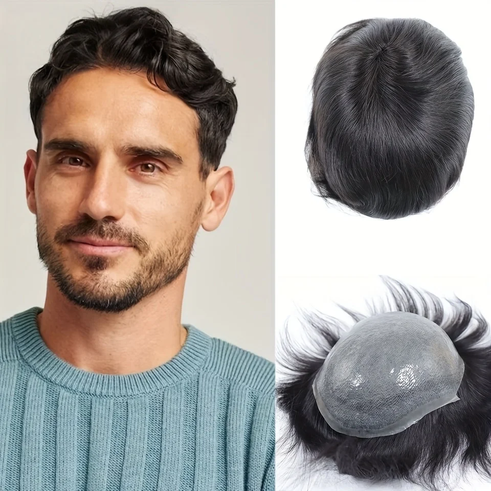 

Full PU Men Toupee Human Hair Natural Black Color Invisible Hair Pieces 8x10 Men'S Capillary Prosthesis Hair Replacement Poly