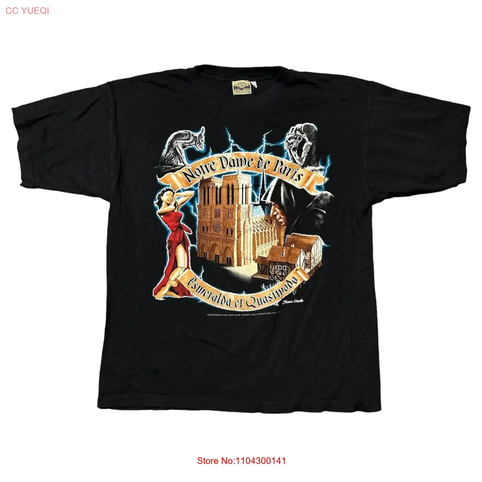Vintage 90s Notre Dame De Paris Esmeralda Quasimodo Lightning T shirt L vintage Washed graphic Breathable Versatile Comfortable