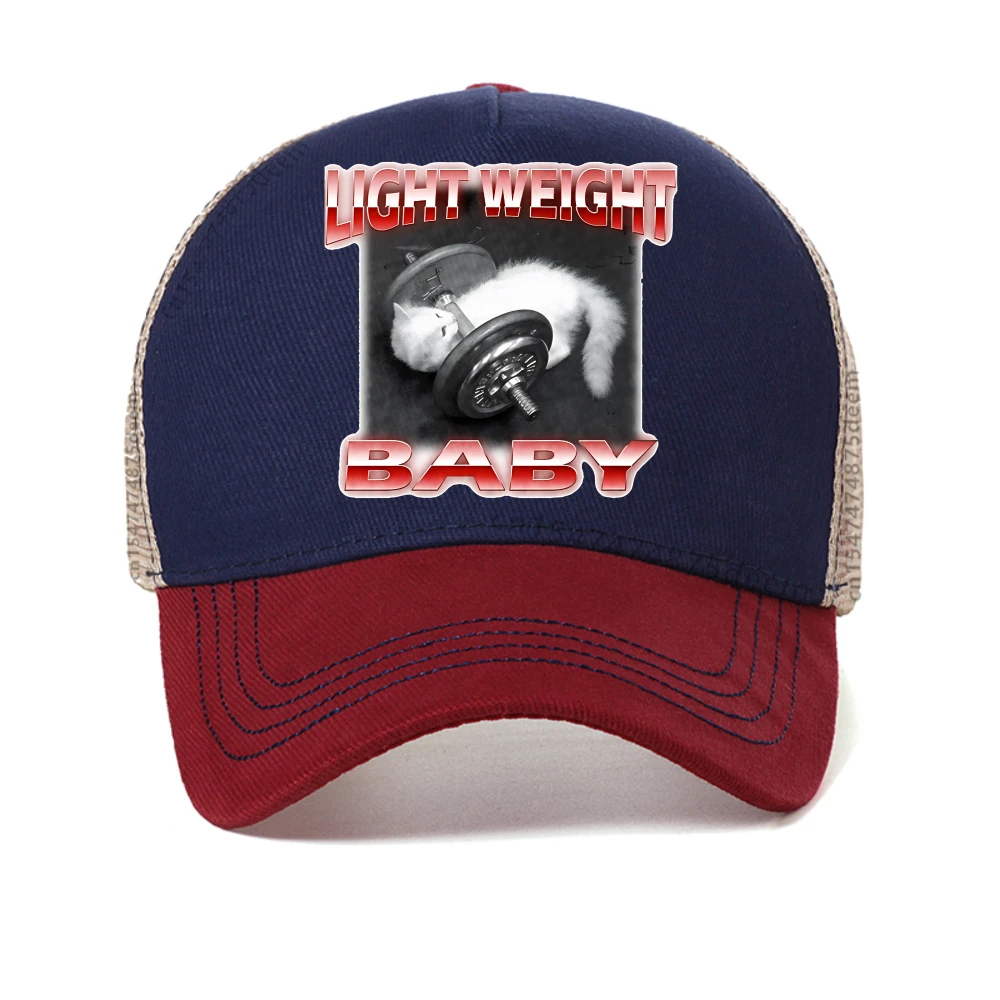 

Funny Cute Cat Dumbbell Print Breathable baseball cap Casual Fashion Summer mesh snapback hat adjustable sport trucker hats