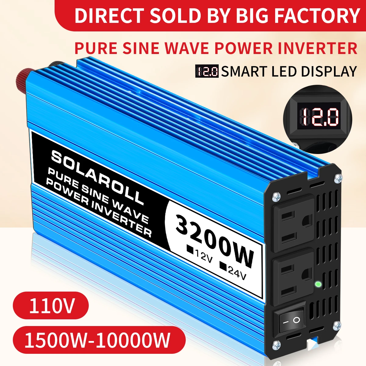 Pure Sine Inverter 3200W DC 12V/24V to AC 110V 60HZ With LCD Digital Display Converter