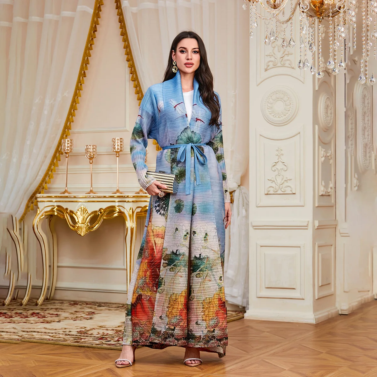 Miyake Pleated Women's Trench Coat Abaya Middle East Models Fashion Printing Outer Cloak Loose Large Size Temperament Long Robe