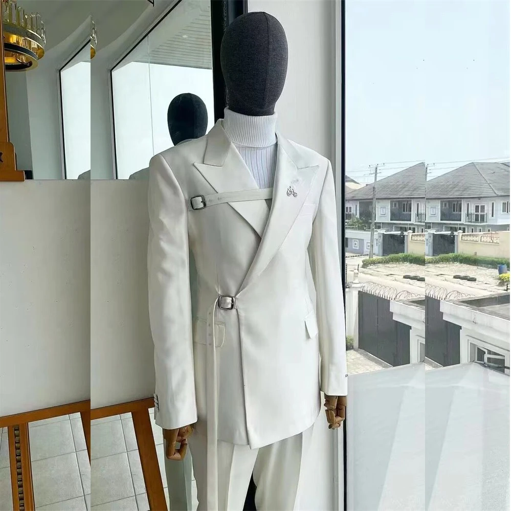 

Elegant Terno Suits for Men White Wedding Groom Double Breasted Peaked Lapel Formal Occasion Costume Two Piece Jacket Pants