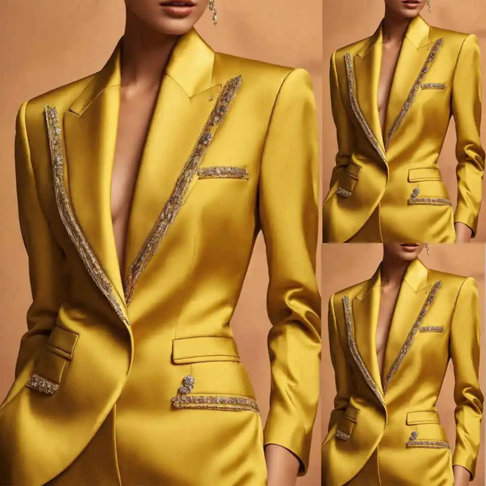 Glänzendes Satin-Hochzeits-Blazerkleid für Damen, 2-teilig, Pailletten, V-Ausschnitt, Jacke, Mantel, formelle Bürodame, Gastkleidung, Abschlussball, individuell