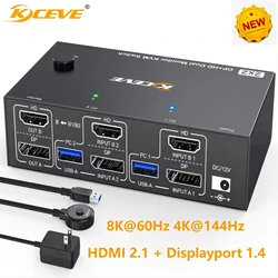 8K KVM Switch 2 PC 2 Monitors,KCEVE Display Port + HDMI Dual Monitor KVM Switch for 2 PC Share 2 Monitors and 4 USB 3.0 Devices