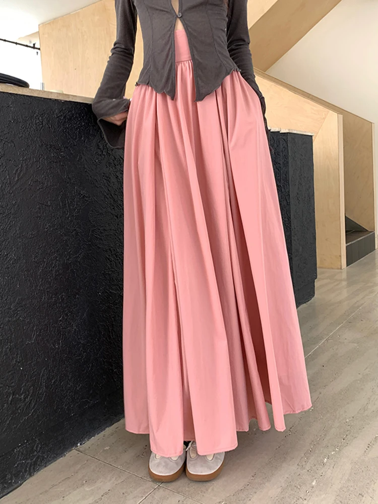 Autumn New Orange Pink Classic Full Length Casual Women Skirts Solid Color Basic High Waist Fashion Simple Midi Female Skirts