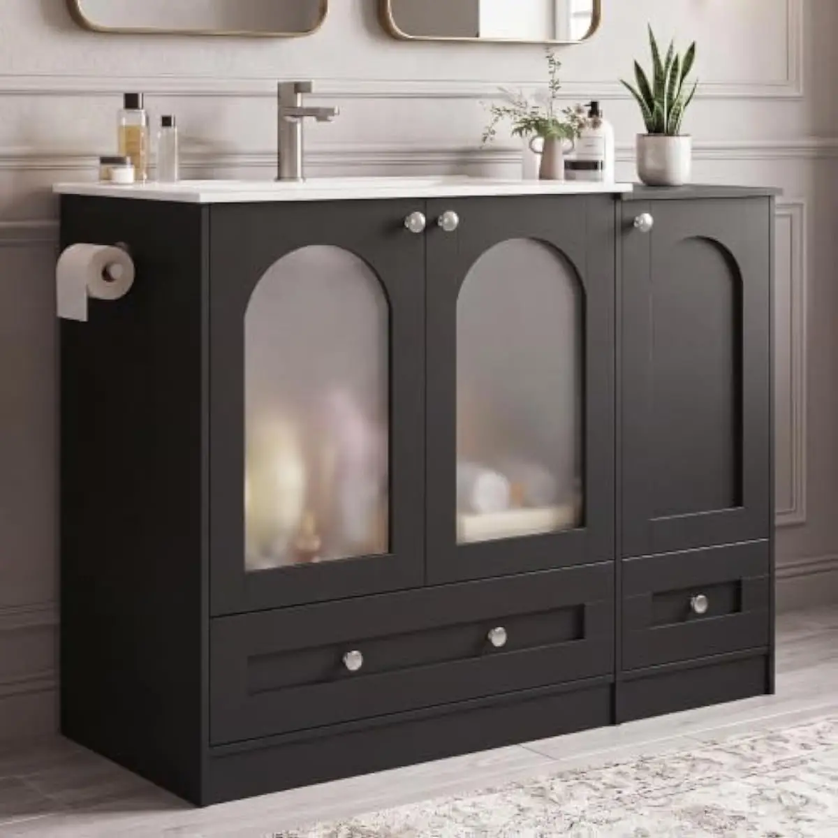 42 inch modern bathroom vanity set with integrated ceramic sink and reversible 12 inch side cabinet — engineered wood constructi
