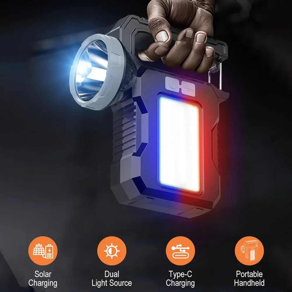 BORUiT Solar Rechargeable Flashlight 4 Modes Multifunctional Portable Light Powerful COB LED Torch for Camping Hiking Fishing