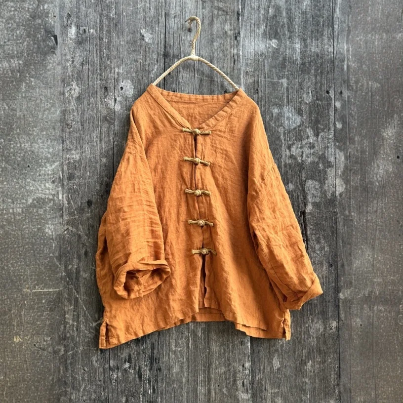 Cotton and Linen Chinese Style Retro Button Solid Vintage Shirt and Jackets Female Cardigan Loose Causal Top Elegant Outerwear